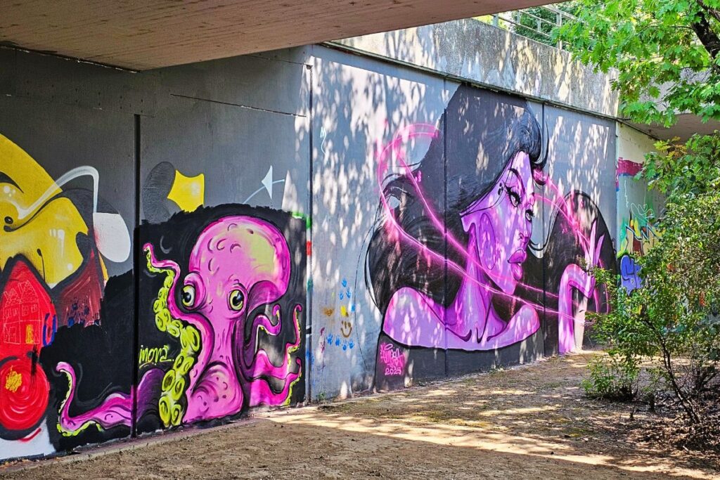 Streetart mit pinkem Oktopus und Frauenportrait in Karlsruhe an der Alb
