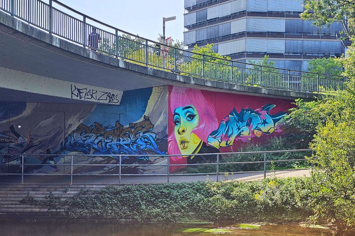 Großes Graffiti mit farbigem Frauenportrait unter Brücke an der Alb Karlsruhe