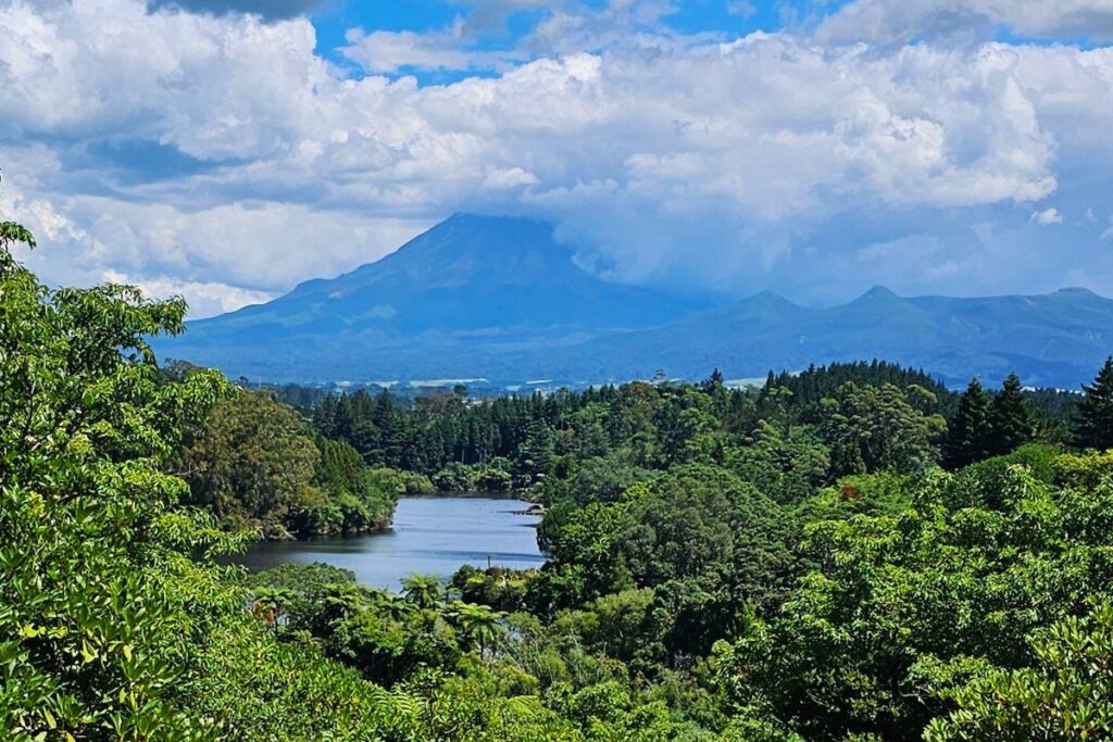 Blick über ein grünes Flusstal auf den Gipfel des Vulkans Mount Taranaki unter einer dichten Wolkendecke.