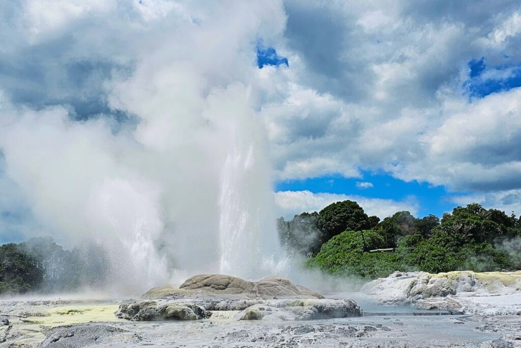 Der ausbrechende Pohutu Geysir im Te Puia Valley in Rotorua unter einem bewölkten Himmel mit dampfenden Schwefelfeldern.