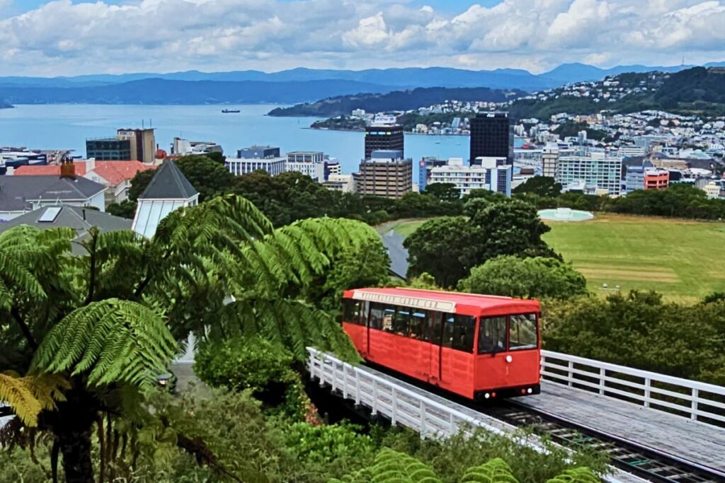 Die leuchtend rote Wellington Cable Car fährt auf Schienen einen Hügel hinauf, im Hintergrund die Stadt Wellington und der blaue Hafen.