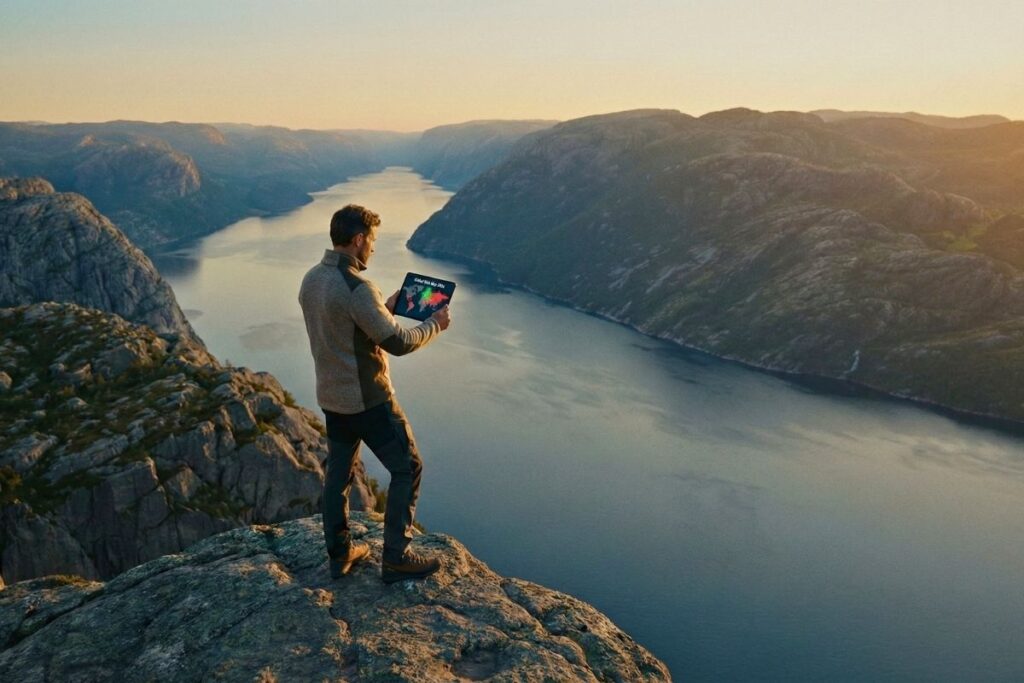 Ein Mann steht auf einem hohen Felsen über einem weiten Fjord und prüft auf seinem Tablet eine digitale Weltkarte mit Sicherheitszonen
