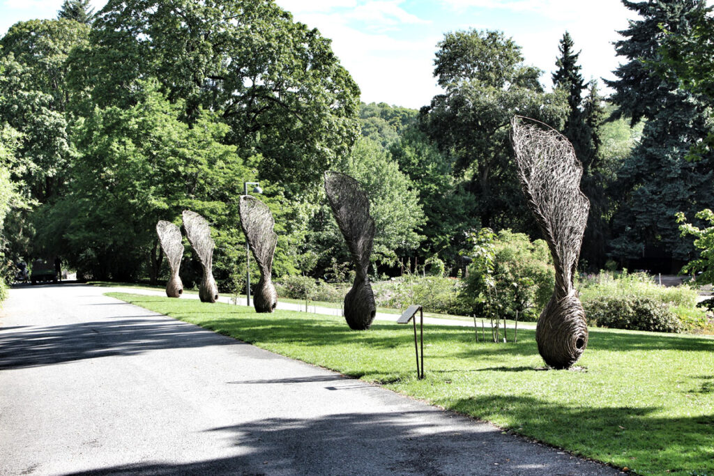 Große, aus Weiden geflochtene Skulpturen in Samenform säumen einen Weg im Botanischen Garten Oslo