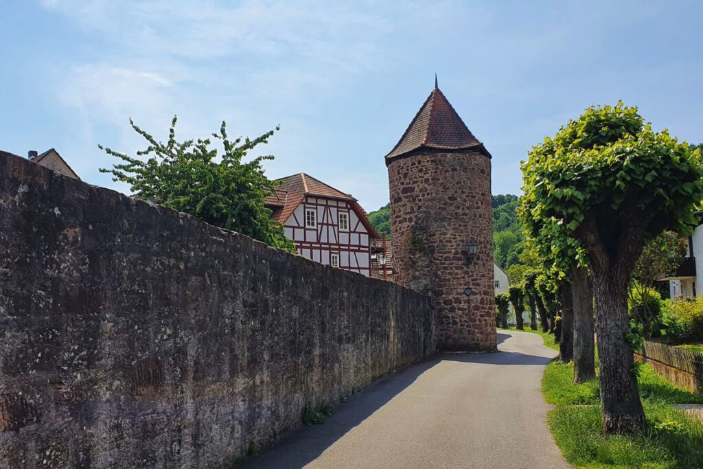 Der historische Bürgerturm in Rotenburg an der Fulda mit seiner markanten spitzen Haube, daneben ein Teil der alten Stadtmauer und grüne Bäume an einer Straße.