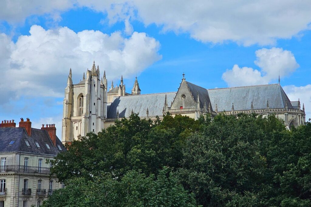 Blick auf das lange Dach und die Türme der Kathedrale von Nantes, die über ein dichtes Meer aus grünen Baumwipfeln ragen.