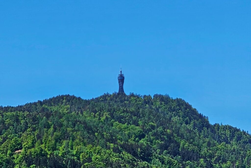 Der markante hölzerne Aussichtsturm Pyramidenkogel ragt weit sichtbar auf einem dicht bewaldeten Hügel vor strahlend blauem Himmel empor.