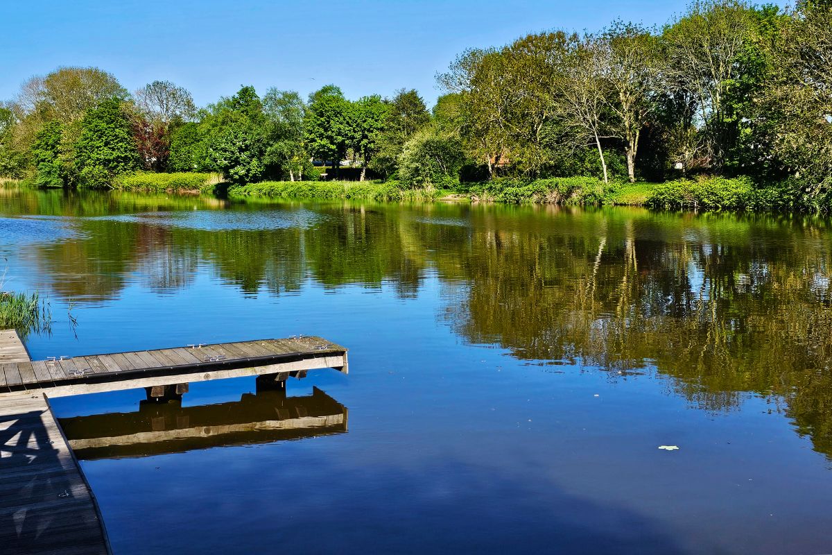 Ein hölzerner Badesteg ragt in das spiegelglatte, blaue Wasser der Braake in Brunsbüttel, umgeben von dichten grünen Bäumen und Spiegelungen.
