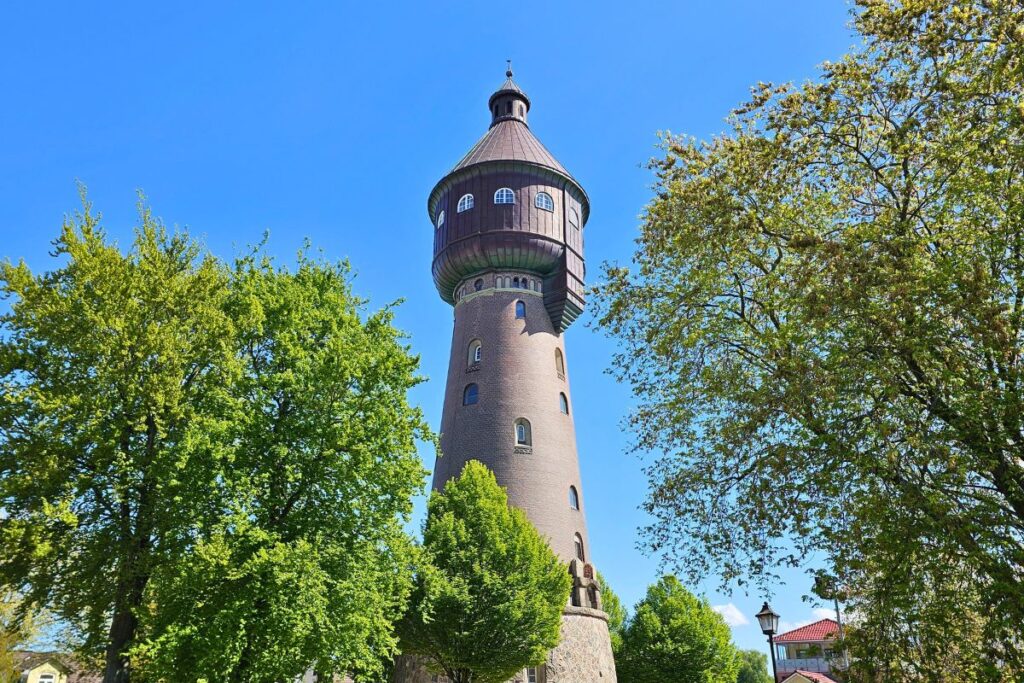Der markante, hohe Wasserturm in Heide aus rötlichem Backstein, der im oberen Viertel breiter wird und ein rundes braunes Dach besitzt, umgeben von grünen Baumwipfeln.