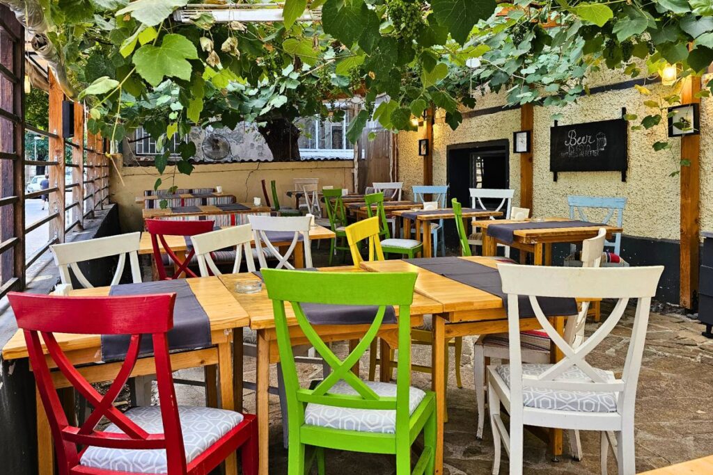 Der einladende, mit grünen Weinreben überdachte Außenbereich des Restaurants Aubergine in Sofia mit farbenfrohen Holzstühlen und Holztischen.
